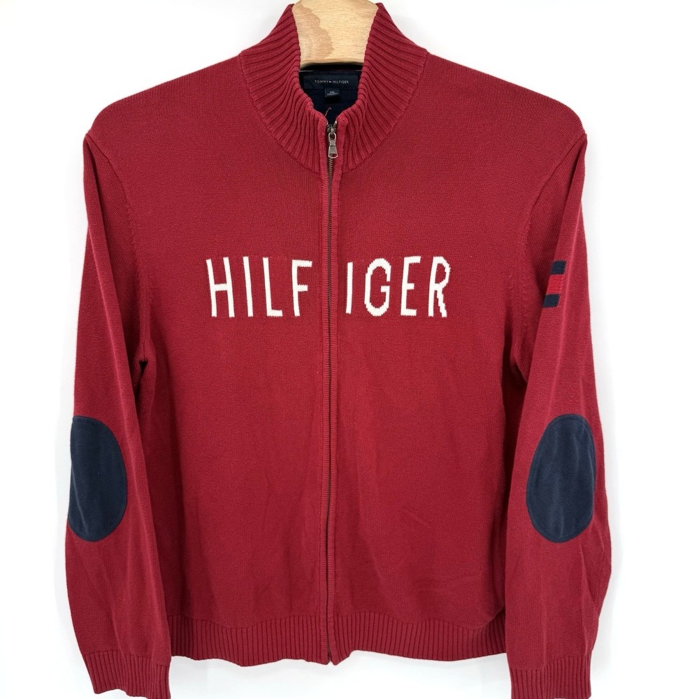 Tommy Hilfiger Full Zip Sweater Men's‎ XXL Elbow Pads Red Long Sleeve Cotton